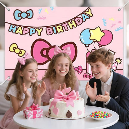 3x5ft Pink Bow Birthday Backdrop, Happy Birthday Decoration Background, Cute Cartoon Cat Theme Party Supplies Outdoor Indoor Photo Banner