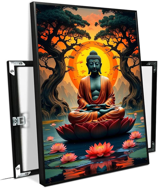 Canvas wall art Golden Buddha on lotus at sunset Ancient trees with reflections on water Serene meditation scene Uplifting wall art for mindfulness and tranquil home decor 20x30in Metal blackFramed