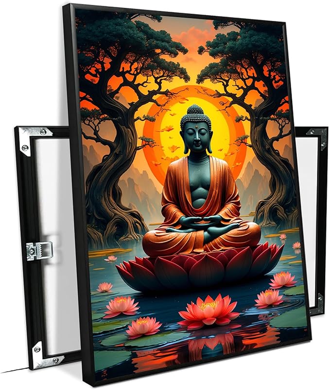 Canvas wall art Golden Buddha on lotus at sunset Ancient trees with reflections on water Serene meditation scene Uplifting wall art for mindfulness and tranquil home decor 12x18in Metal blackFramed