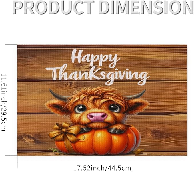Thanksgiving Pumpkin Highland Cow Placemats Set of 4 PVC Vinyl Non Slip Table Mats Heat Resistant Place Mats Washable Wipeable Dining Table Mat for Kitchen Decor Party Indoor Outdoor Decorative Gift