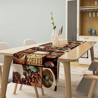 Vintage Coffee Theme Table Runner Happy Coffee Time Beans Dinner Runner Table Decoration for Farmhouse Cabin Home Kitchen Dining Holiday Party 13x108in