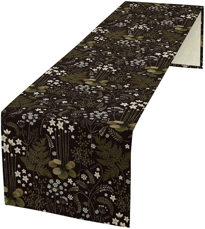 Forest Plant Table Runner, Rustic Field Wild Flower Herbal Fern Vintage Farmhouse Natural Floral Table Runner for Home Party Decor, 13x60inch