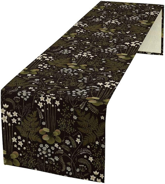 Forest Plant Table Runner, Rustic Field Wild Flower Herbal Fern Vintage Farmhouse Natural Floral Table Runner for Home Party Decor, 13x60inch