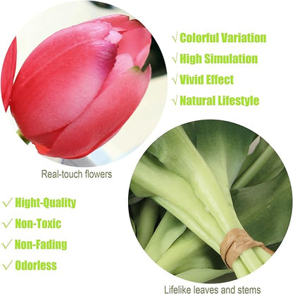 20pcs Artificial Tulip Flowers,16 Inch Real Touch Tulip Stems with Faux Leaves, Faux Tulips and Buds for Home Décor Centerpiece Ornament Wedding Bouquet,Deep Pink
