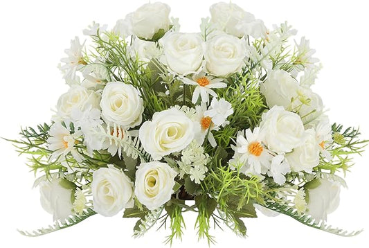 Artificial Flowers Bouquet 3 Pack Fake Rose Bouquet Faux Artificial Flower Arrangements Decoration Table Wedding Flower Centerpieces（White）