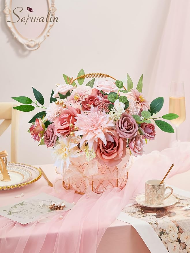 Serwalin Pink Artificial Flowers, Fake Silk Dahlia Flowers Wedding Cake Flowers for Wedding Bouquets Table Centerpieces Baby Shower Home Decor
