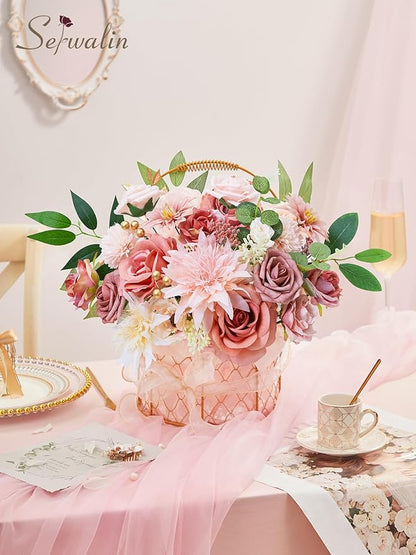 Serwalin Pink Artificial Flowers, Fake Silk Dahlia Flowers Wedding Cake Flowers for Wedding Bouquets Table Centerpieces Baby Shower Home Decor