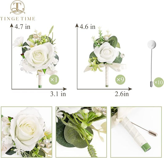 TINGE TIME Boutonniere for Men Wedding,Groom and Best Man Boutonniere for Weddings Ceremony Anniversary, Formal Dinner Party and Rustic Spring Wedding Marriage (10, IvoryWhiteRose)