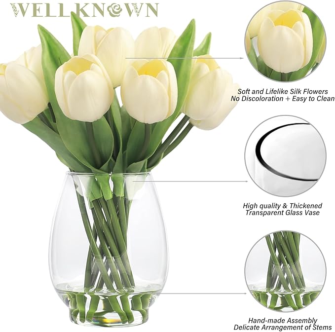 WELL KNOWN 12 Pcs Tulips Artificial Flowers in Vase, Real Touch Tulips with Vase with Upgrate Acrylic Water Flower Arrangements Centerpiece for Dining Room Table Decoration（Cream）