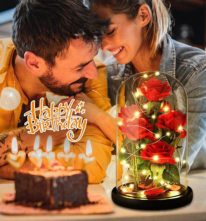Christmas Rose Gifts for women,Beauty and The Beast Rose in Glass Dome with LED Light,Glass Rose Flower Gifts for Her,Christmas Birthday Gifts for Women Mom Wife Girlfriend Friend Forever Red Rose