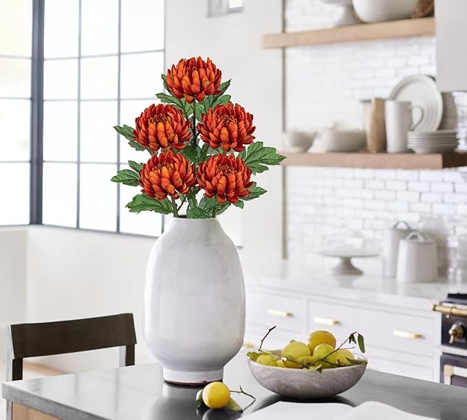 Hollyone 5Pcs Orange Artificial Mums for Outdoors Fall Chrysanthemum Flowers Fake Fall Mums Silk Long Stem Floral Arrangements Bouquets Faux Spider Mum Flower Pincushion Autumn Decorations for Home