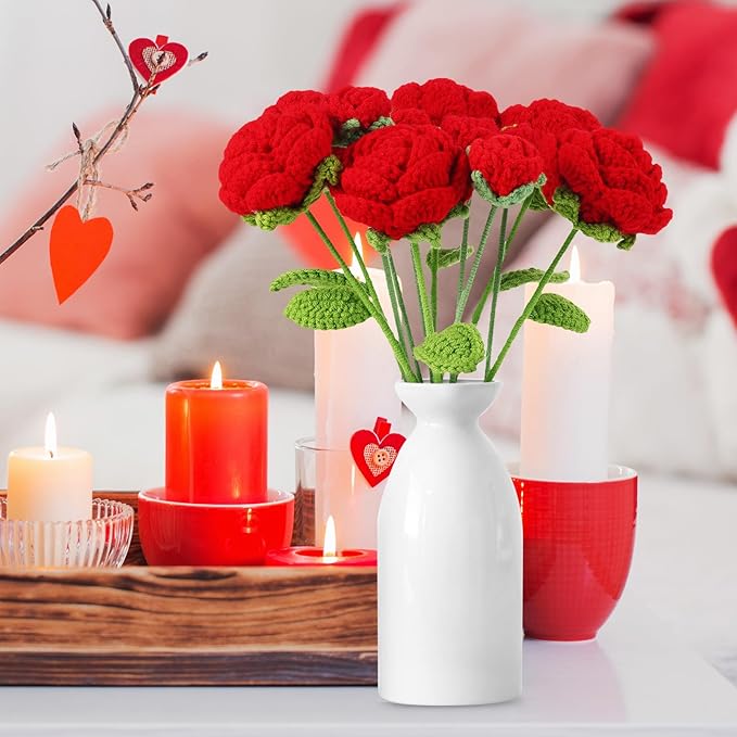 YoungJoy 12 Pcs Crochet Rose Handmade Knitted Flowers Tulip Sunflower Daisy Heart Artificial Knitted Floral Mother Day Graduation Home Decor(Mixed Red Rose)