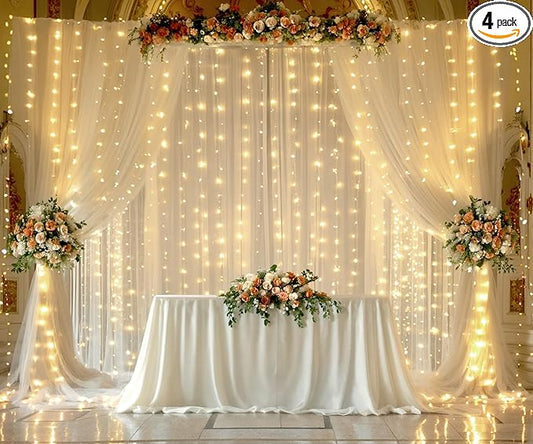 Champagne Tulle Photo Backdrop Curtain with Lights String for Parties Wedding Bridal Shower Sheer Champagne Curtain Backdrop for Birthday Party Baby Shower Photo Booth Photography 20ft x 10ft