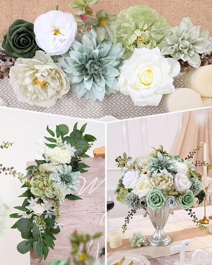 Senseya Artificial Flowers Combo Set, Green Silk Roses, Peonies, Dahlias with Stems for DIY Wedding Bouquets, Baby Shower, Table Centerpieces, Home Decor, Fake Floral Arrangements, Party Decorations