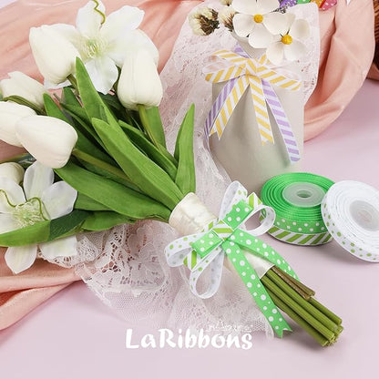 LaRibbons 3/8 Inch 100 Yards Grosgrain Ribbon Set 10 Yd/Roll 10 Rolls Striped and Polka Dot Spring Easter Craft Ribbon for Gift Wrapping Floral Bouquets Wedding Party Decoration