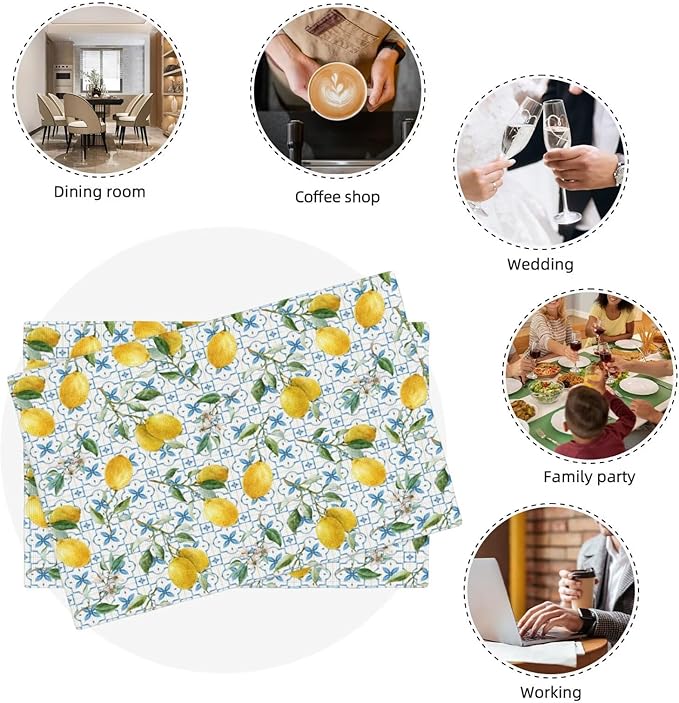 Lemon Linen Placemats Set of 4 Summer Fruit Print Heat Resistant Table Mats for Home Party Indoor Holiday Kitchen Dining Room Decor 12 x 18 Inch