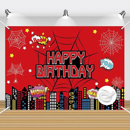 Superhero City Birthday Party Backdrop Banner, 59.1 x 39.4 inches, Red Comic Design with Spider Webs, Includes 32ft Ribbon