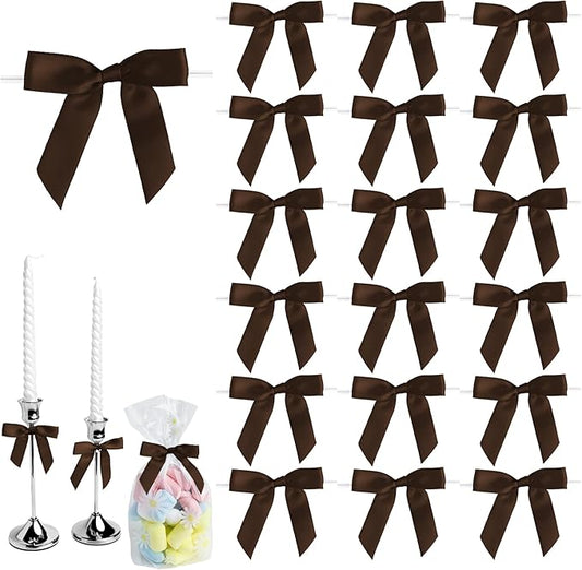 50 PCS Brown Twist Tie Bows 2.5" Satin Ribbon Bows Decor for Gift Wrapping Craft Treat Bags Cake Pop Basket, Wedding Baby Shower Birthday Party Favors