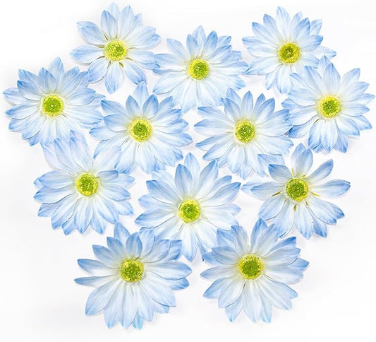 Fabric Daisy Flower Head in Bulk, 12 Pcs Artificial Daisy Flower Heads for Crafts, 3.5 Inch Faux Flowers Silk Daisy Flower Heads for Hats, Costume, Home Wedding, Christmas (Light Blue)
