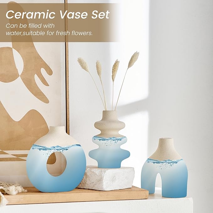 White Ceramic Vase Set of 3, Modern Boho Vases for Home Decor, Small Flower Vases for Pampas Grass, Round White Vases Centerpieces for Wedding Coffee Table Shelf Living Room Bedroom Entryway
