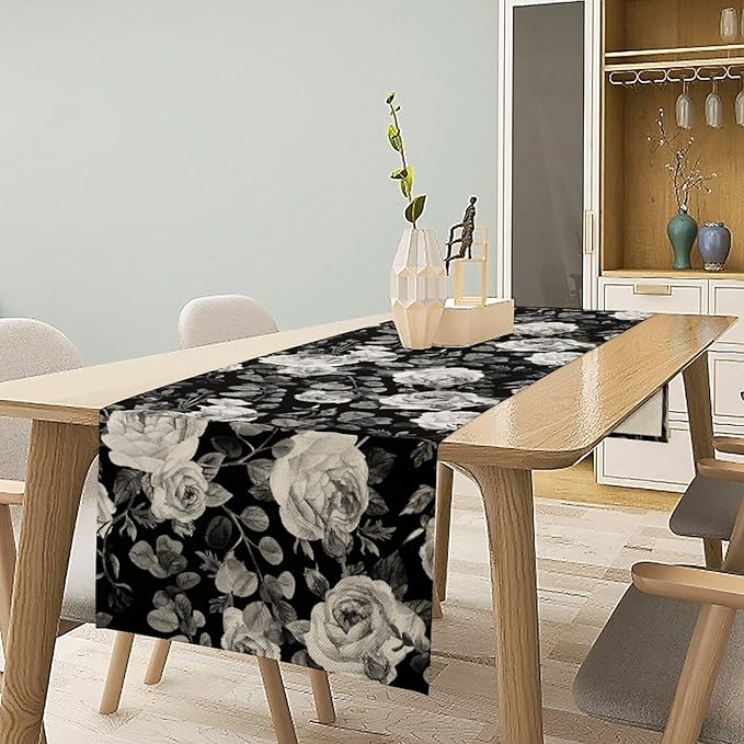 Vintage Black Flower Table Runner, Retro Roses Blossom Eucalyptus Plants Botanical Branches Dark Gothic Floral Table Runner for Home Party Indoor Outdoor Decor, 13x90inch
