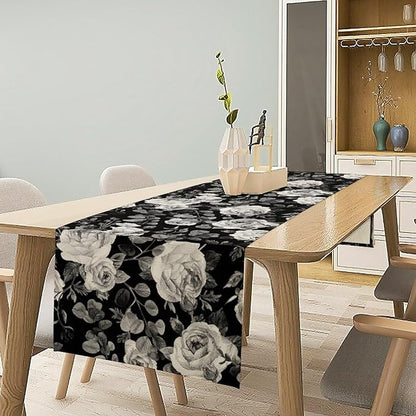 Vintage Black Flower Table Runner, Retro Roses Blossom Eucalyptus Plants Botanical Branches Dark Gothic Floral Table Runner for Home Party Indoor Outdoor Decor, 13x120inch