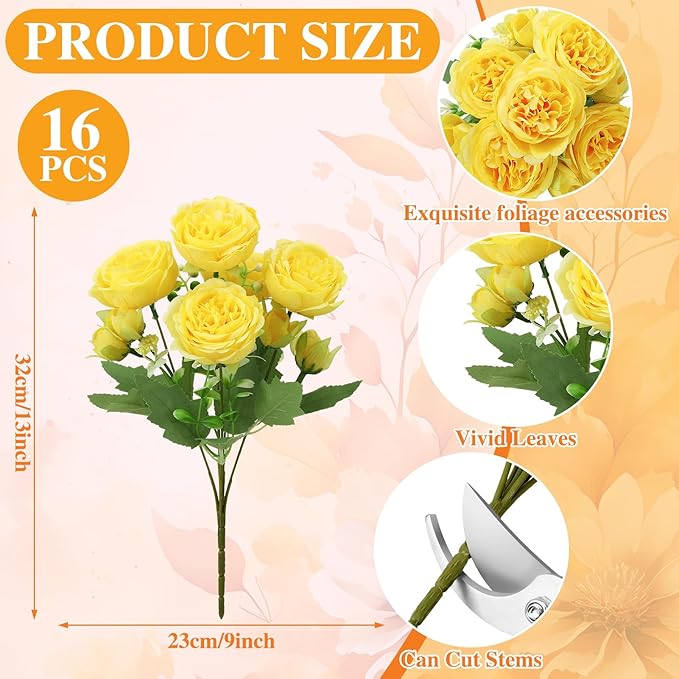 16 Pack Yellow Peonies Artificial Flowers, Fake Silk Hydrangea Bouquet for Bridal Wedding Home Table Decor Reusable Dining Opening Ceremony Birthday Arrangement Faux Floral