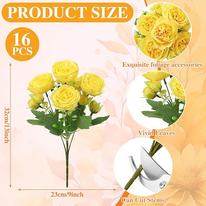 16 Pack Yellow Peonies Artificial Flowers, Fake Silk Hydrangea Bouquet for Bridal Wedding Home Table Decor Reusable Dining Opening Ceremony Birthday Arrangement Faux Floral
