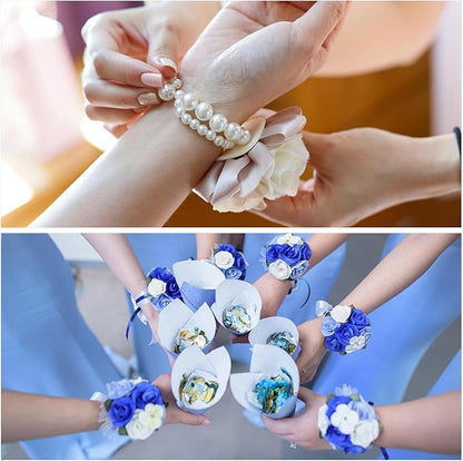 MECCANIXITY 12Pcs Wrist Corsage Artificial Flower Bracelets Rose Wrist Bride Groom Decorative for Wedding Ceremony Prom Party Anniversary Dark Blue