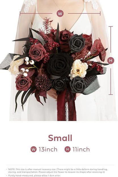 Ling's moment Black and Burgundy Wedding Bouquets for Bride, Gothic Bridal Bouquets for Bride, 13 Inch Free Form Artificial Wedding Flower Bouquet