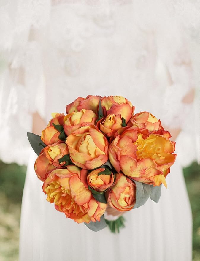 Fake Peonies 2 Bouquets Vintage Silk Peonies Flower 14 Heads Orange Artificial Flowers with Stems for Terracota Wedding Decoration Flowers Crafts Floral Arrangement (Orange)