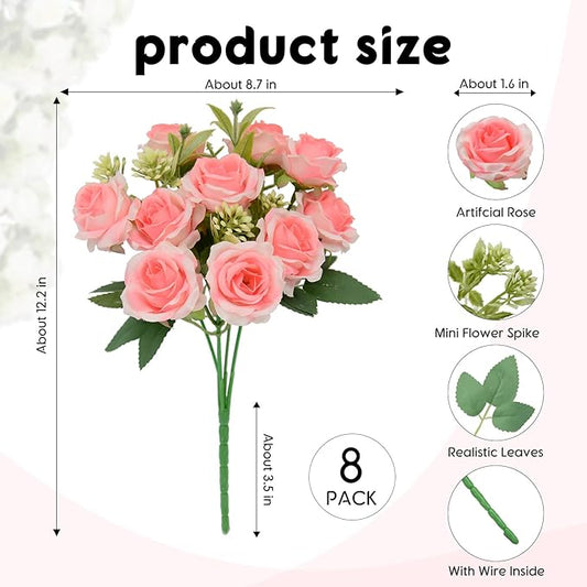 8 Pack Rose Artificial Flowers Bouquet, 10 Small Silk Rose Heads Per Pack, Fake Roses Bunches for Wedding Table Centerpieces Bridal Bouquet Mother's Day Valentine's Day Home Decor, Light Pink