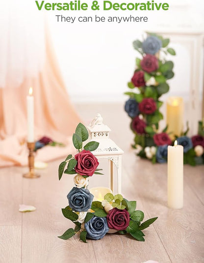 InnoGear Artificial Flowers, 50 Pcs Dusty Blue Shades Foam Fake Roses Bulk with Stems for Decoration DIY Wedding Bouquets Centerpieces Bridal Shower Party Christmas Tree