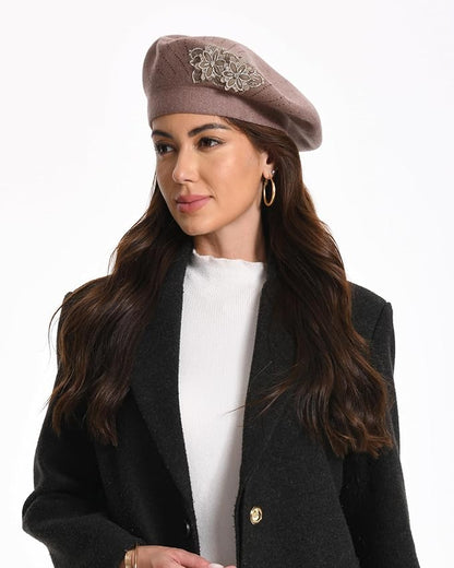 Flower Embroidery Beret Hat for Women, French Style Knitted Beret Hats, Stylish Solid Color Beret Cap for Women Girls Lady