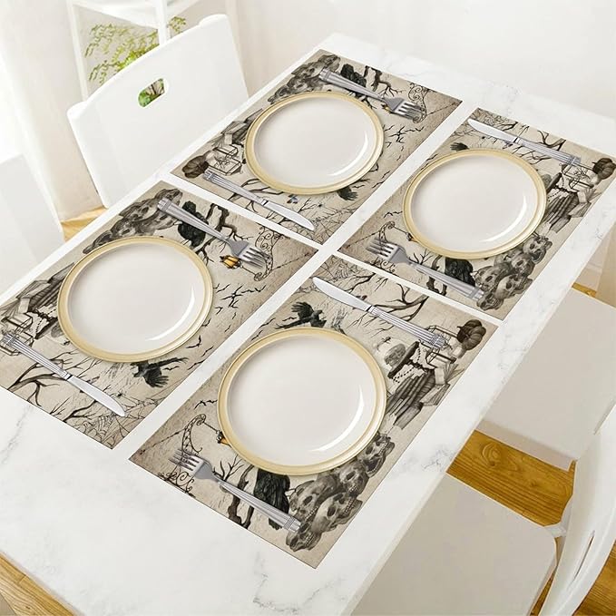 Halloween Skeleton Placemats Vintage Country Gothic Dark Raven Misty Spiderweb Placemats Table Kitchen Dining Party 12x18 Inch Set of 4