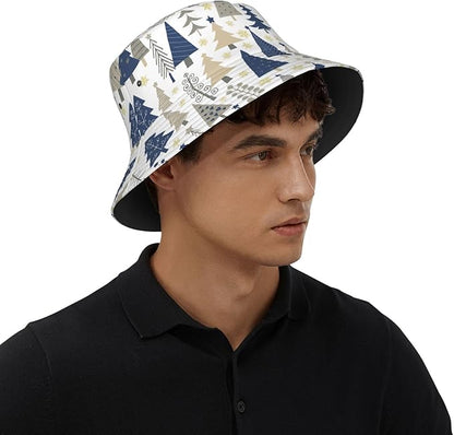 Christmas Navy Blue Tree Bucket Hat Novelty Sun Hats Trendy Fisherman Cap for Men and Women