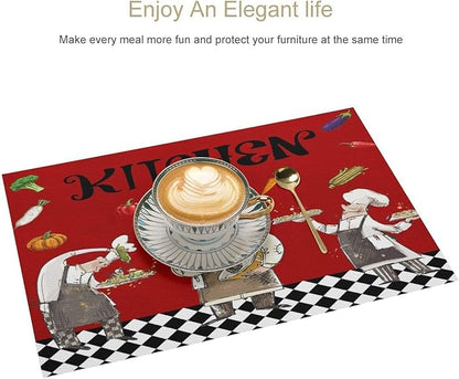 Chef Cooking Placemats Cartoon Rustic Vegetable Fruit Lattice Pastry Fat Chef Carrot Corn Gourmet Cookware Placemats Table Kitchen Dining Party 12x18 Inch Set of 6