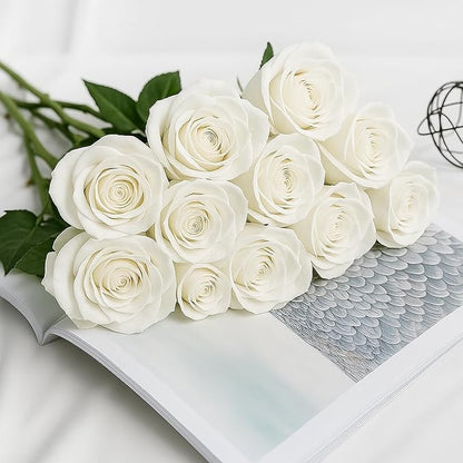 White Roses Artificial Flowers 15 PCS, Fake Roses Silk Flowers with Long Stems, Faux Rose for Wedding Centerpieces, Home Decor, Indoor Floral Arrangements, Party Decor, DIY Bouquet (White)