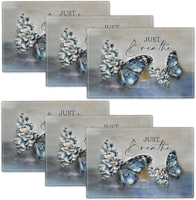 Blue Butterfly Placemats Set of 6, Farmhouse Country Rustic Just Breathe Place Mats Washable Double-Sided Table Mats for Dining Room Home Party Indoor 6 PCS 12x18 Inch