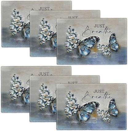 Blue Butterfly Placemats Set of 6, Farmhouse Country Rustic Just Breathe Place Mats Washable Double-Sided Table Mats for Dining Room Home Party Indoor 6 PCS 12x18 Inch