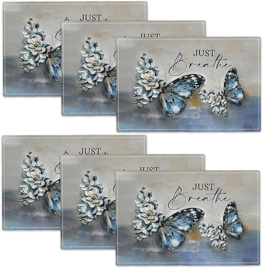 Blue Butterfly Placemats Set of 6, Farmhouse Country Rustic Just Breathe Place Mats Washable Double-Sided Table Mats for Dining Room Home Party Indoor 6 PCS 12x18 Inch