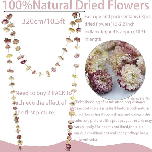 Dried Flowers Garland Pink Real Daisy Sunflower Garlands 10.5ft 63 Pcs Natural Dried Daisy Flowers Heads Gerbera Daisies Dry Flower Arrangements for Wedding Boho Decor Home Party Wall Hanging