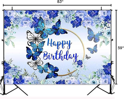 Butterfly Happy Birthday Backdrop Royal Blue Floral Photography Background Women Blue Flowers Birthday Wishes Party Decorations Banner Supplies Photo Booth 7x5ft