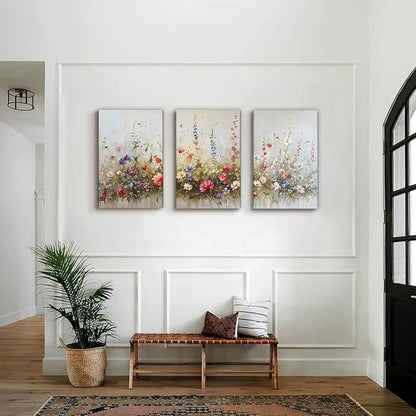 SERIMINO Large Wall Art for Living Room Canvas Prints, Nature Floral Botanical Wall Art Set 3 Piece Farmhouse Decor, Misty Flowers Modern Home Decor Paintings for Bedroom Bathroom 16"X24"