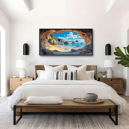 Beach Large Wall Art Rocky Cave Pictures Wall Decor Coastal Canvas Seascape Print Painting Modern Artwork Home Decoration for Living Room Bathroom Bedroom Office Framed 60"x30"