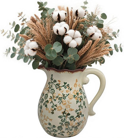 Vintage Ceramic Flower Pitcher Vase Home Decor - Tabletop Rustic Large Vase for Decor Living Room Bookshelf Office Kitchen Cottage, White Vases for Bouquet, with Handle | Grand Millennial | 8.3inch