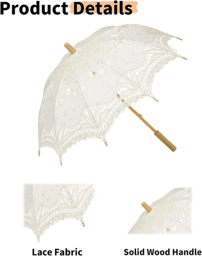 Lace Parasol Umbrella 32 Inch – Victorian Style Bridal Wedding Sunshade for Women, Lace Umbrella for Photoshoot, Tea Party, Costume, Outdoor Decoration