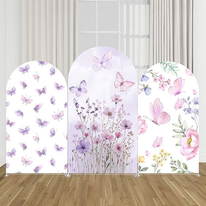 KONPON Butterfly Arched Backdrop Cover Spring Pink Purple Flowers Stretchy Arched Stand Cover for Girls Birthday Party Decorations (No Stand!)