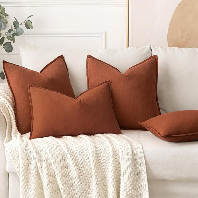 MIULEE Decorative Linen Euro Sham Pillow Covers 24x24 Rust Boho Farmhouse Neutral Couch Throw Pillows for Bed Pack of 2 Accent Modern Pillowcase Summer Sofa Livingroom Home Decor