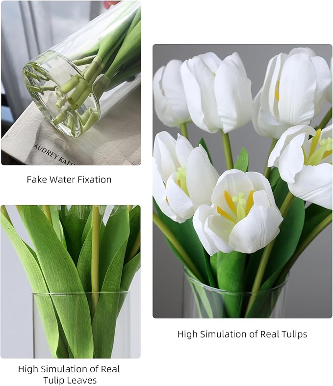 10pcs Fake Faux Tulips in Vase,Silk White Tulipanes Tulips Artificial Flowers Real Touch Arrangements with Vase for Desk Table Decoration Home Decor